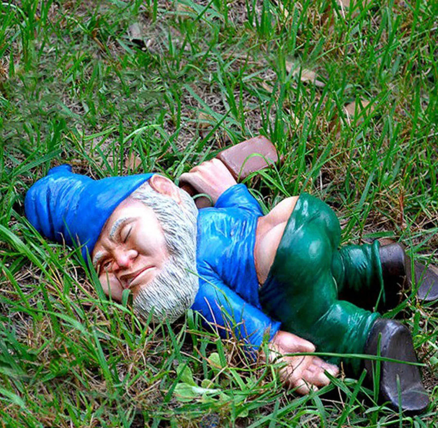 Lying Garden Gnome Statue with Hat and Bottle