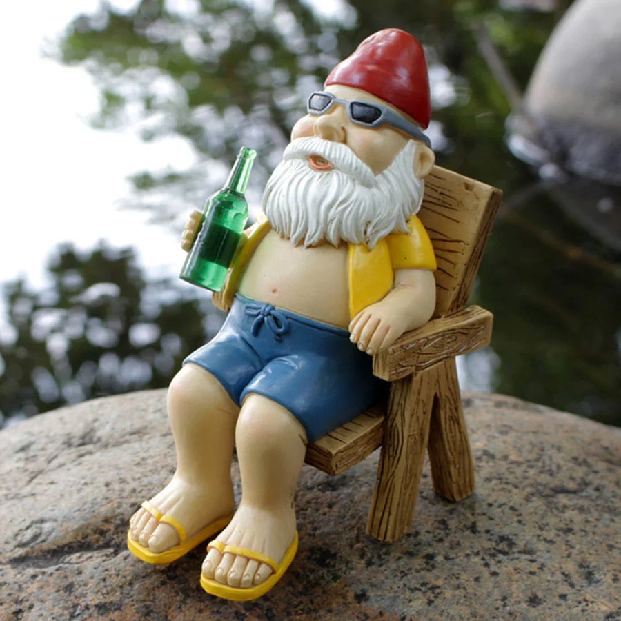 Garden Gnome Statue Sitting on Chair with Bottle