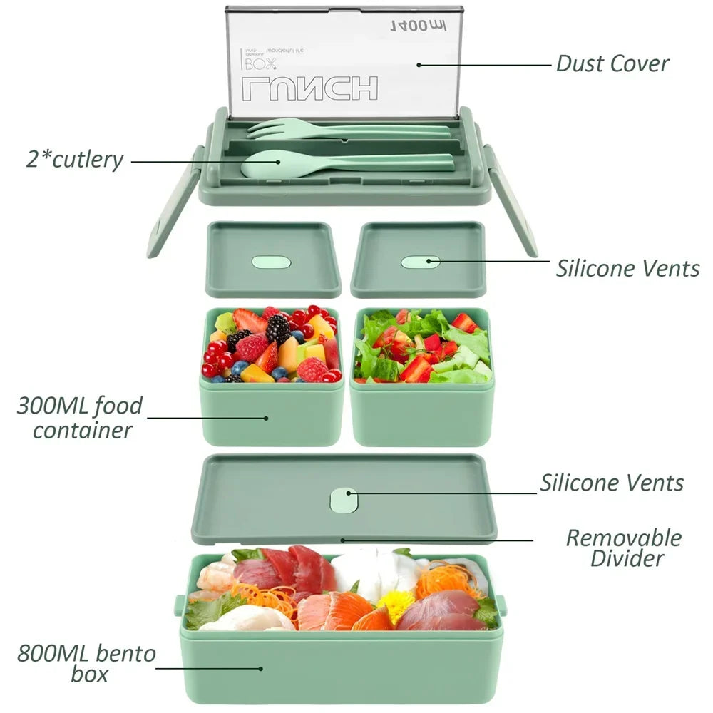 1400ml Double Layer Bento Box | Portable Lunch Box with Fork & Spoon – Microwave Safe Food Storage for Kids & Adults