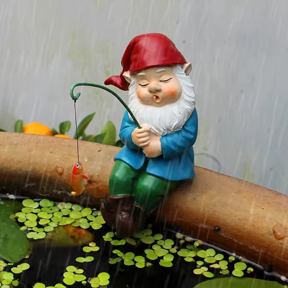 Resin Garden Gnome Figure Sitting with Fishing Rod