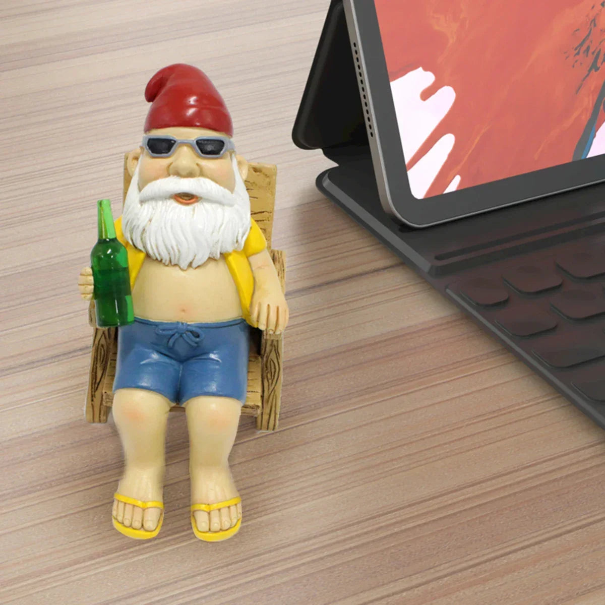 Garden Gnome Statue Sitting on Chair with Bottle
