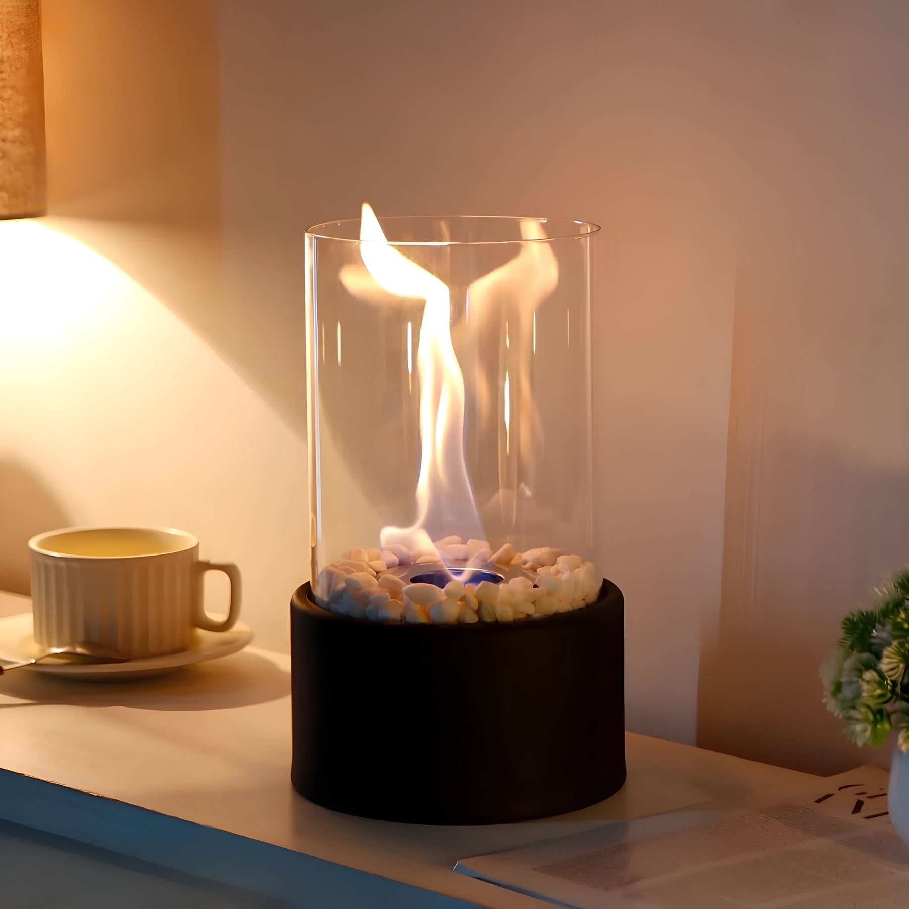 Outdoor Cylindrical Tabletop Bio Ethanol Fireplace with Glass Tube