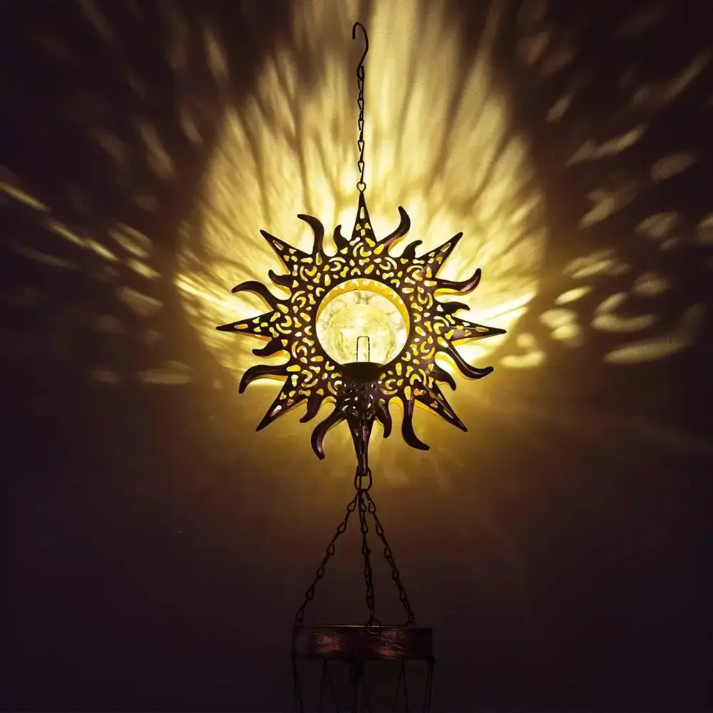 Solar Hanging Garden Light With Sun Shape Glass Ball And Dusk Sensor