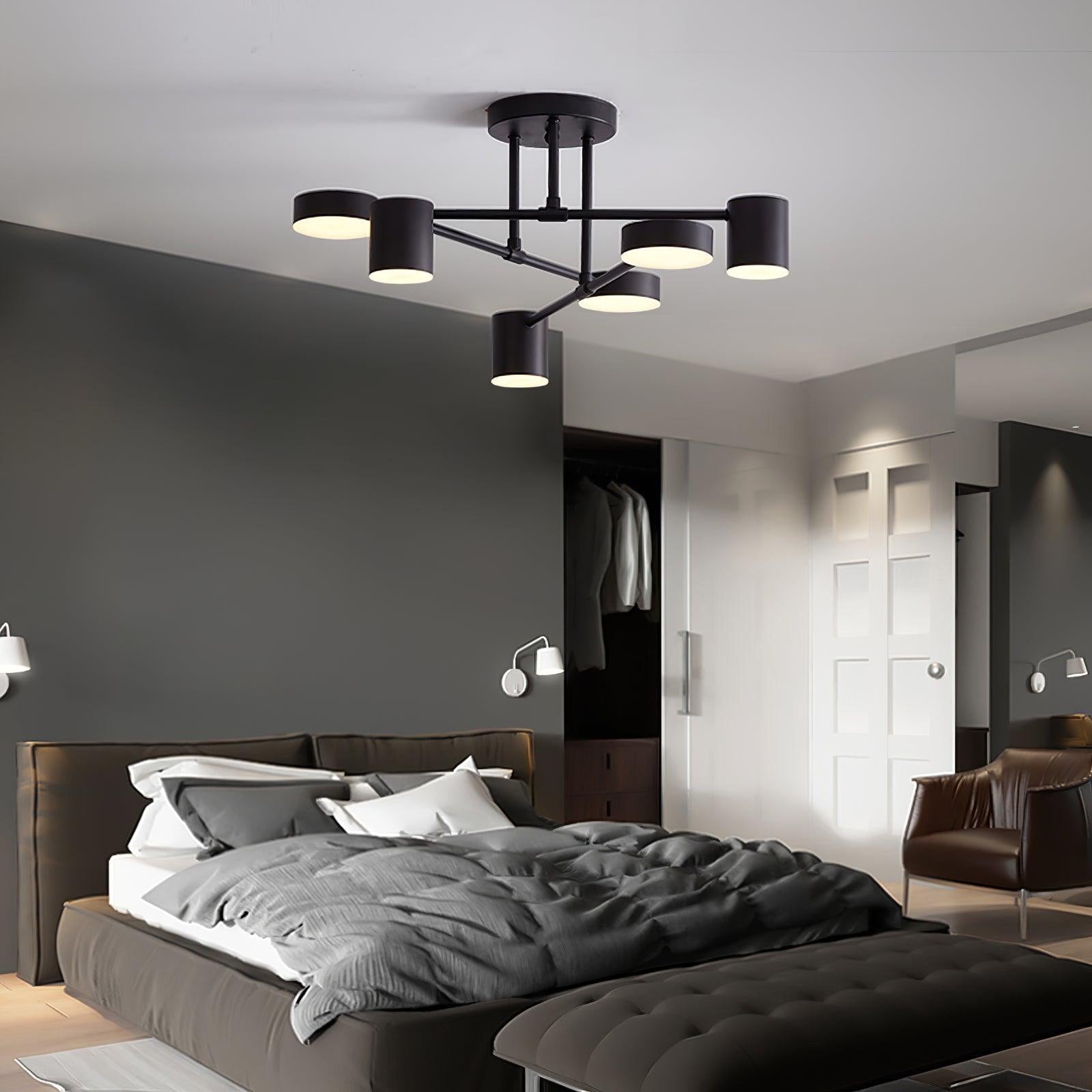 Six Light Ceiling Fixture with Brass Finish and Cylindrical Shades