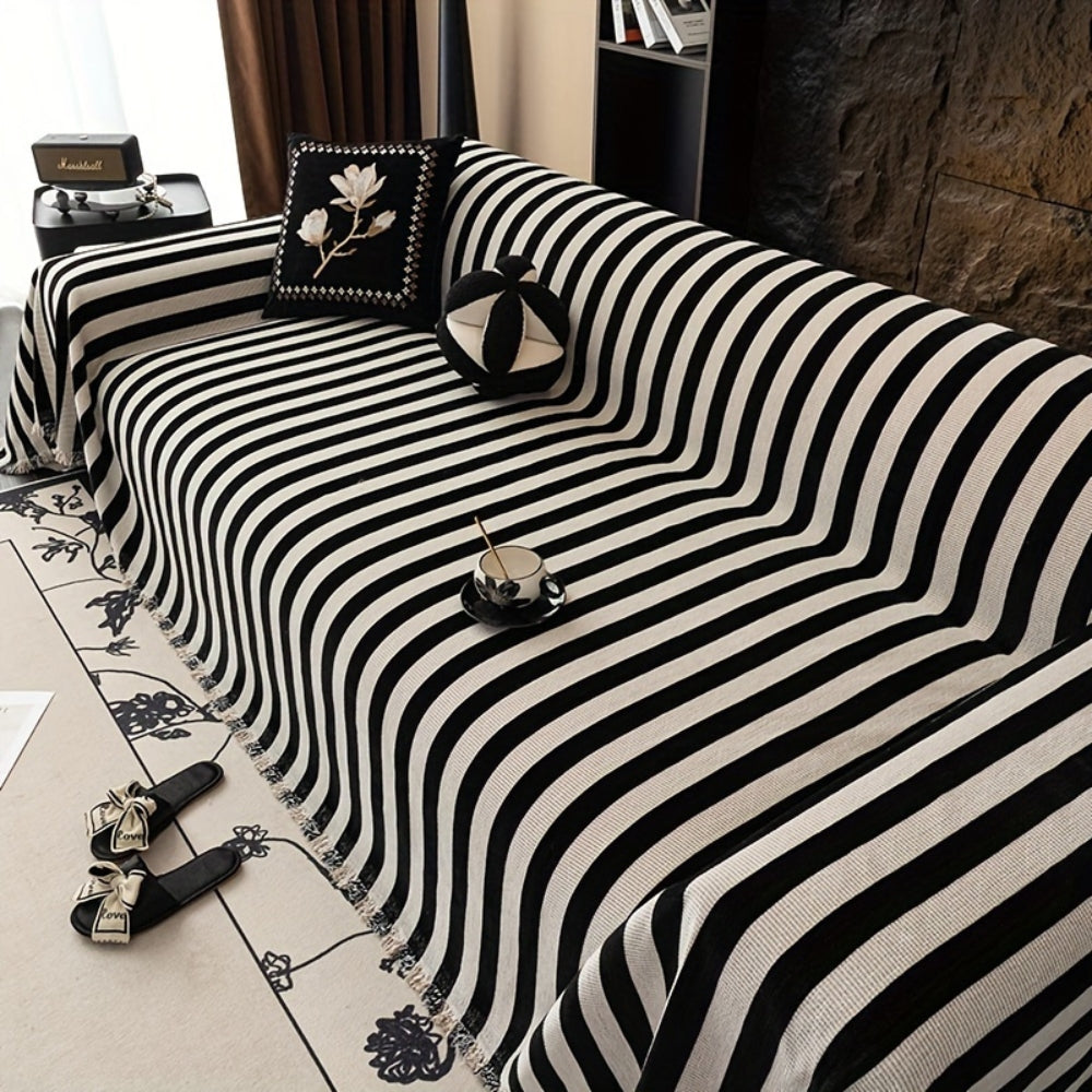 Striped Chenille Black White Couch Cover