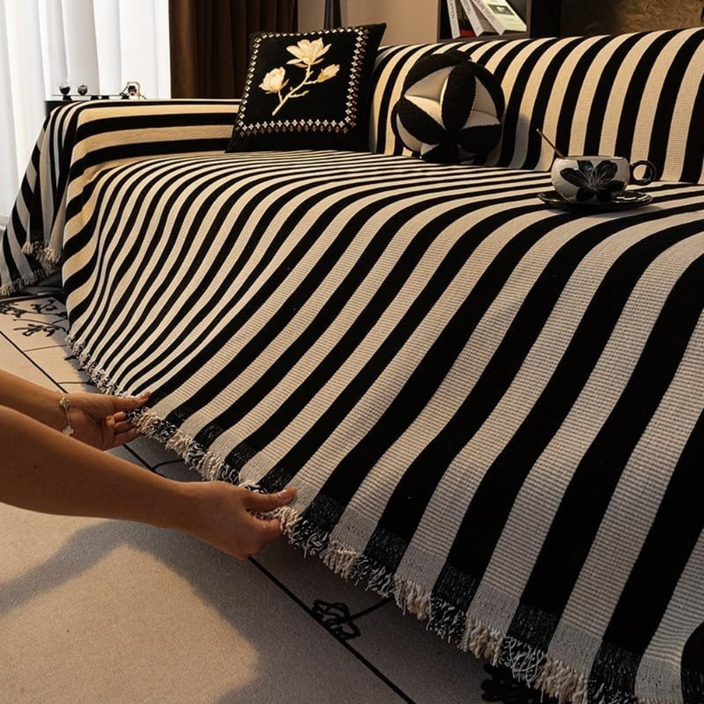 Striped Chenille Black White Couch Cover
