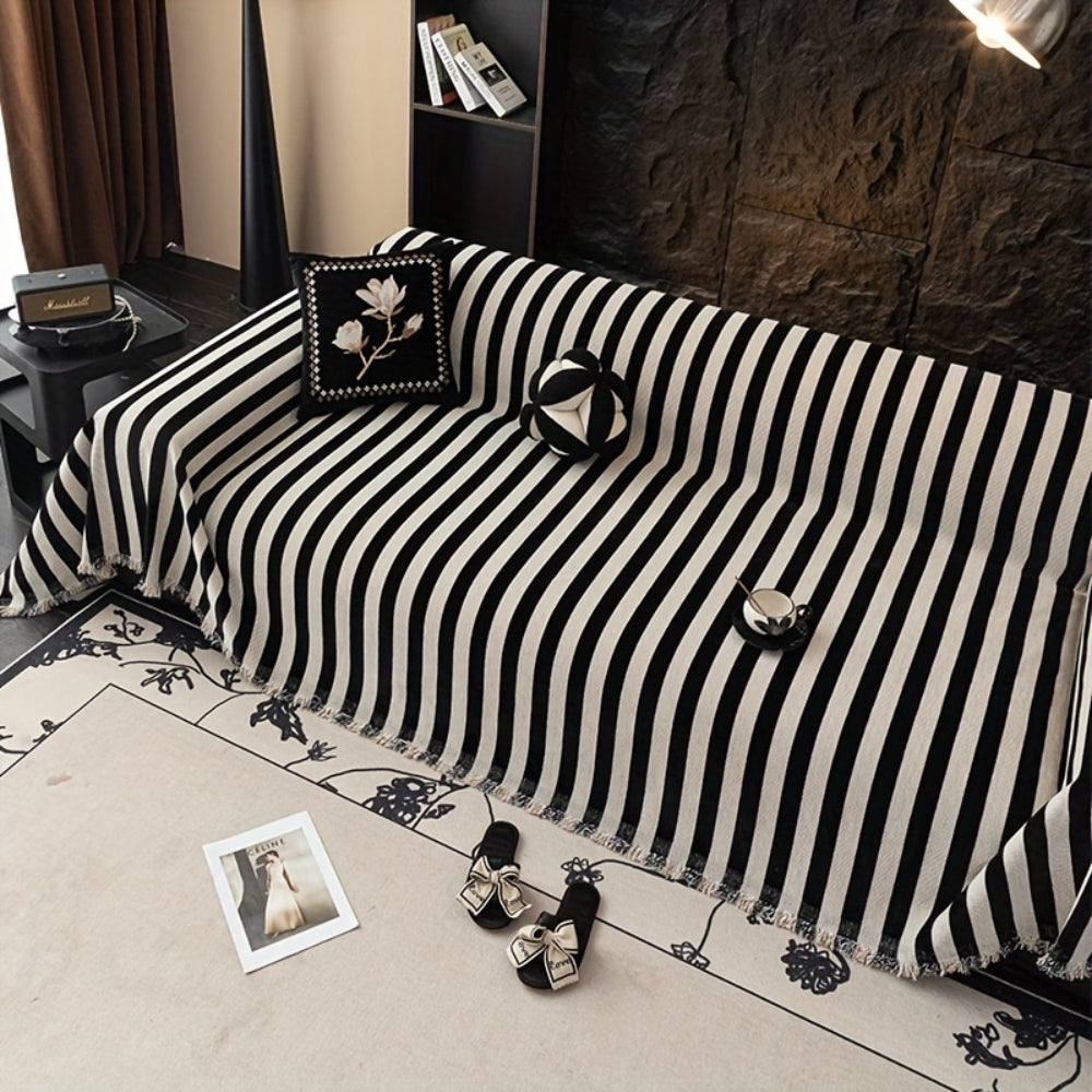 Striped Chenille Black White Couch Cover