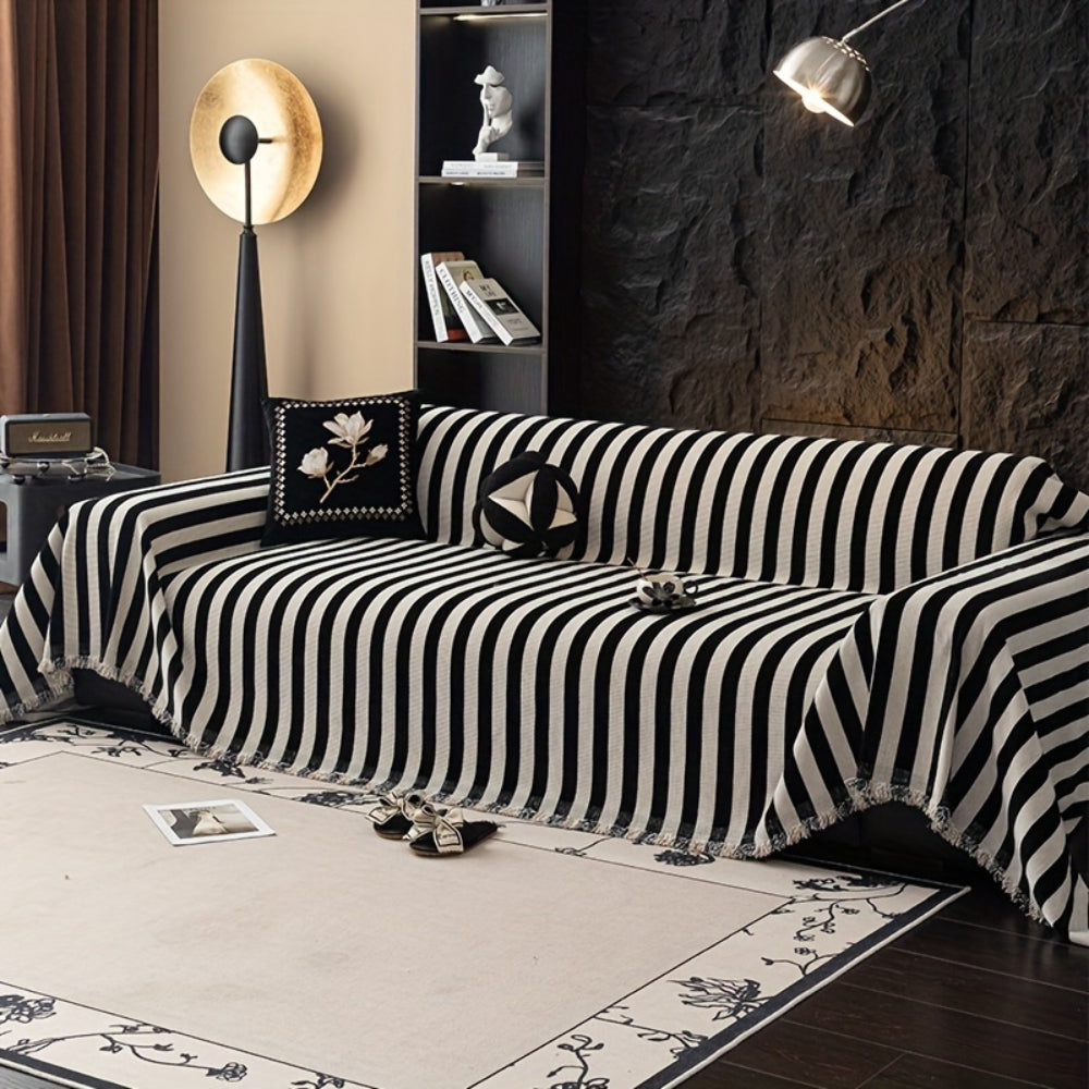 Striped Chenille Black White Couch Cover
