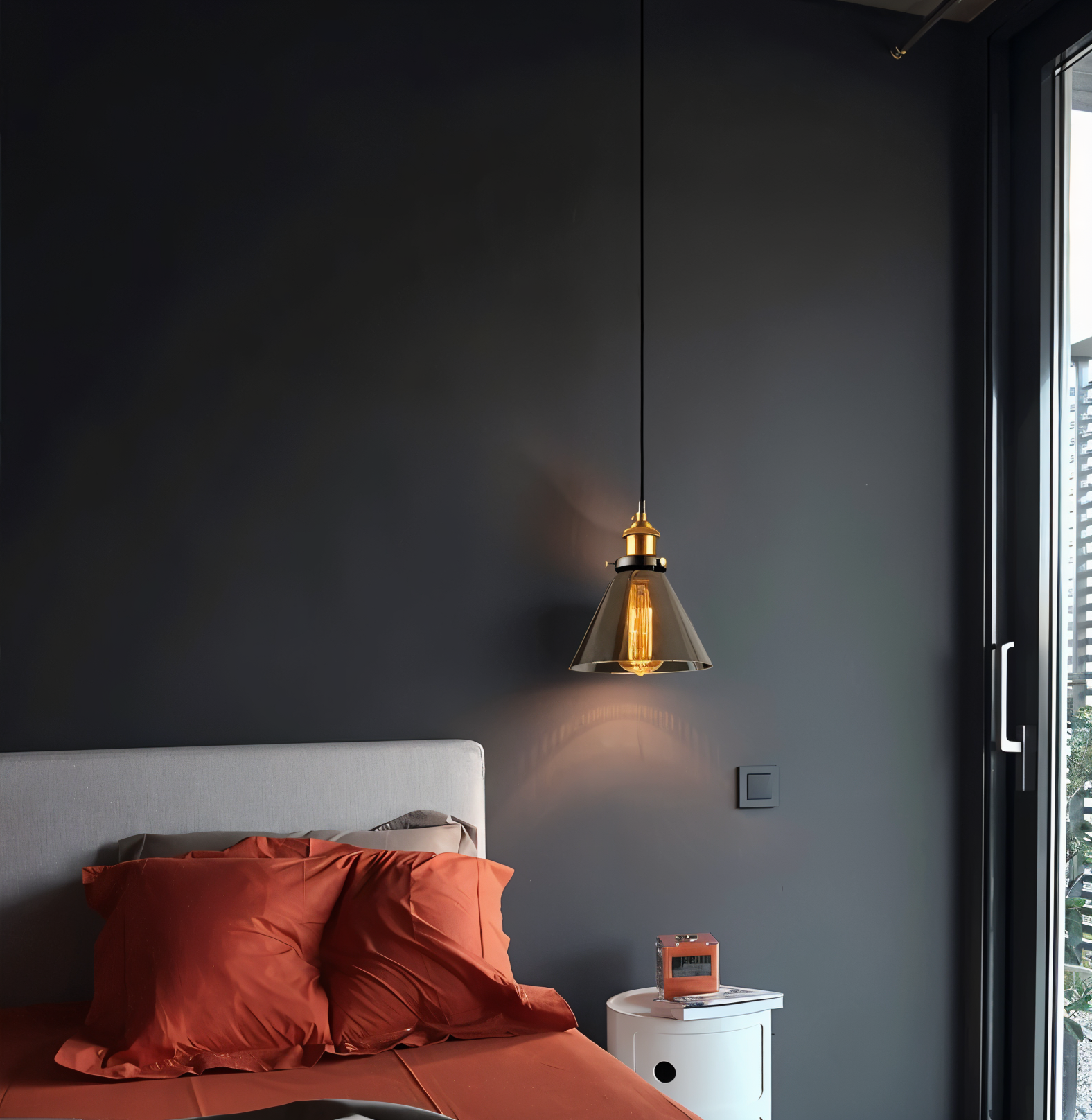 Tinted glass hanging pendant light with brass fitting