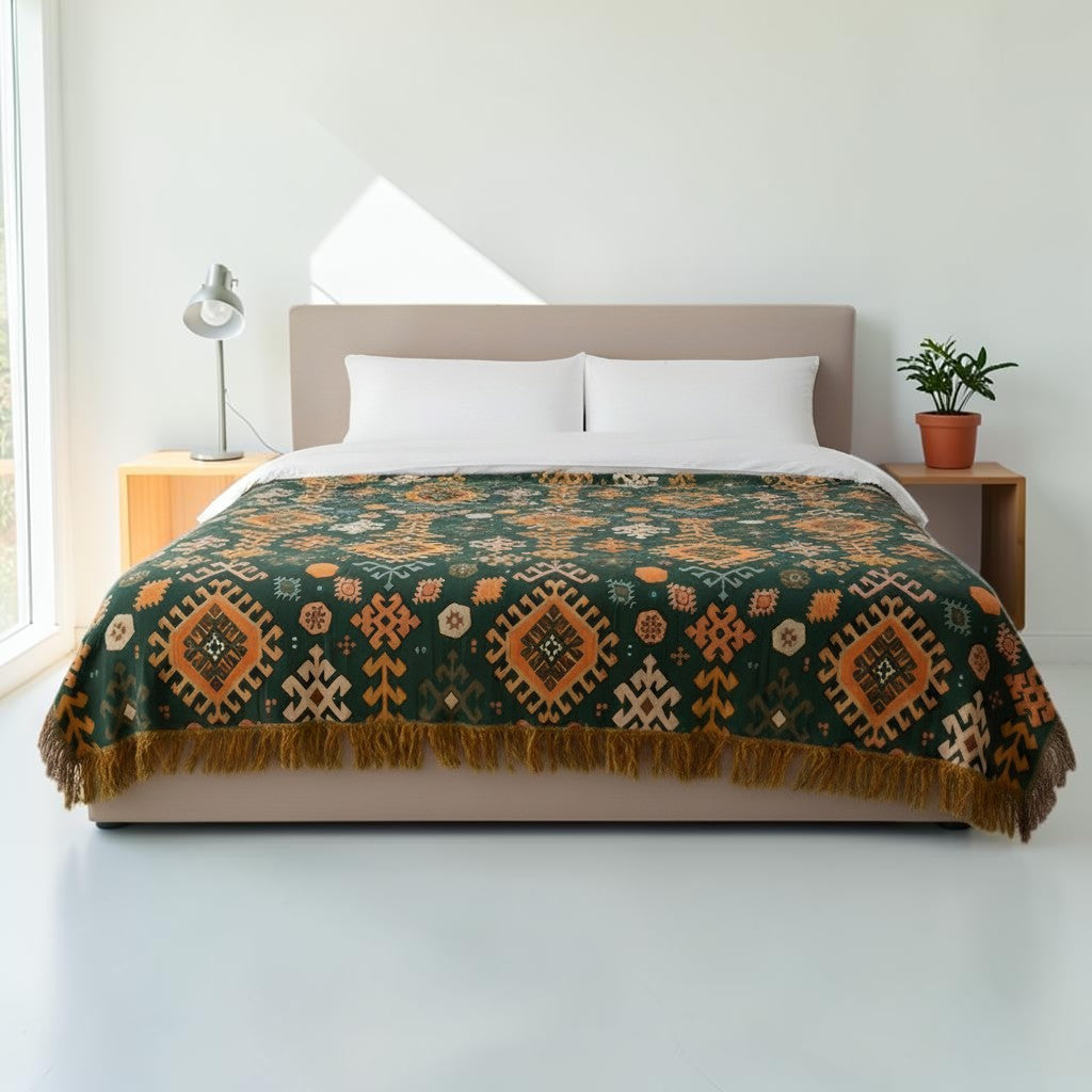 Tribal-Inspired Soft Geometric Fringe Blanket