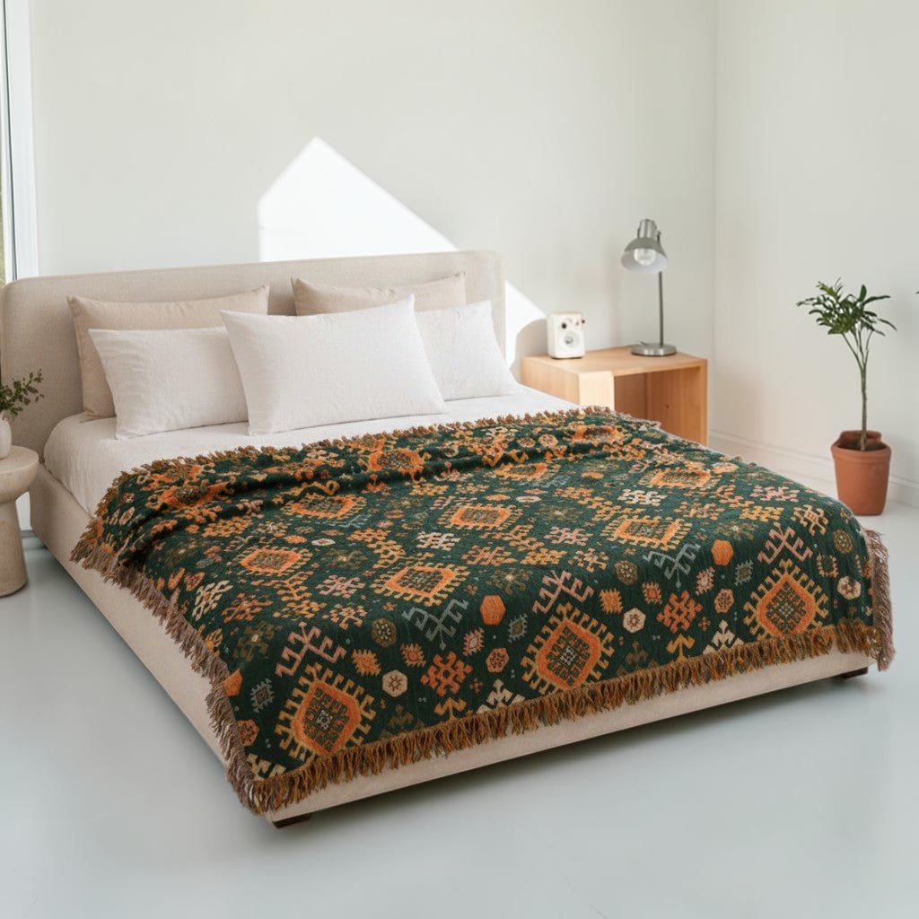 Tribal-Inspired Soft Geometric Fringe Blanket