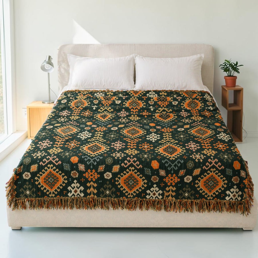 Tribal-Inspired Soft Geometric Fringe Blanket