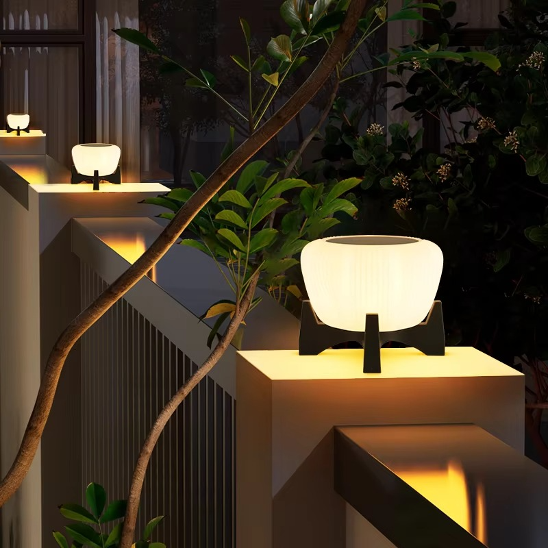 Solar Fence Post Light With Round White Glass Shade