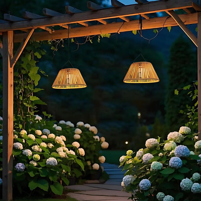 Solar Hanging Garden Lantern With Natural Woven Shade