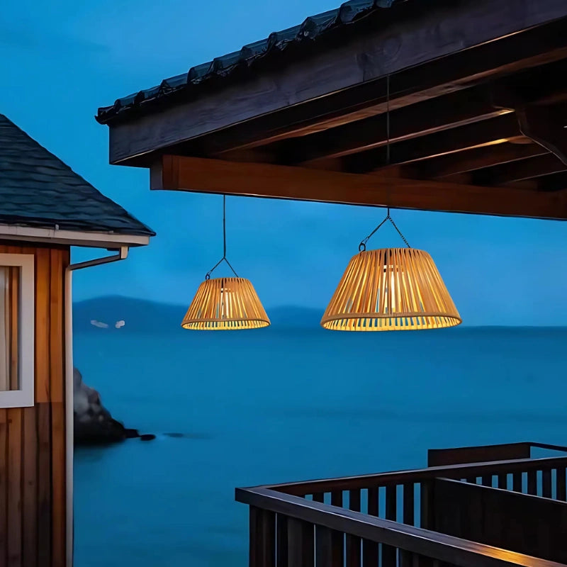 Solar Hanging Garden Lantern With Natural Woven Shade