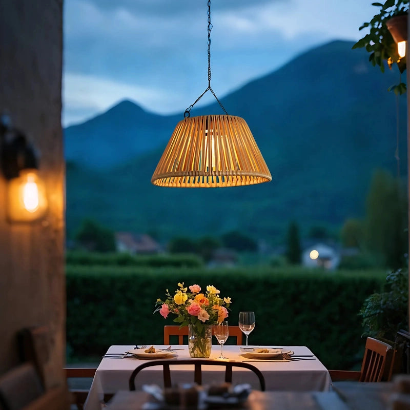 Solar Hanging Garden Lantern With Natural Woven Shade