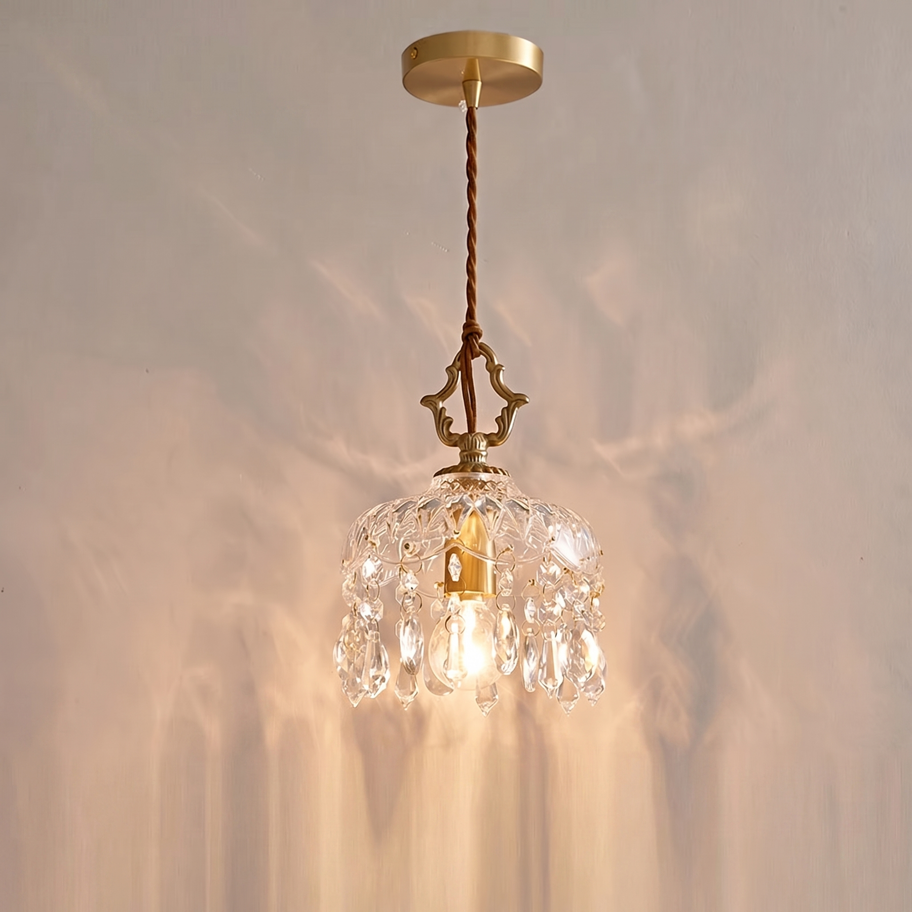 French Style Brass Crystal Pendant Light Vintage Glass Hanging Lamp