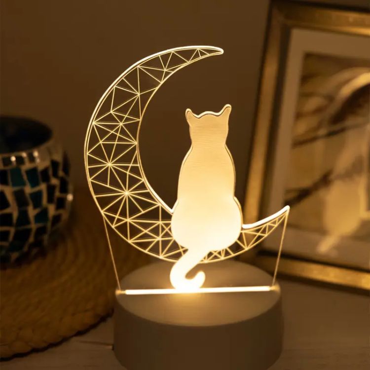 Cat and Crescent Moon LED Night Light with Acrylic Panel