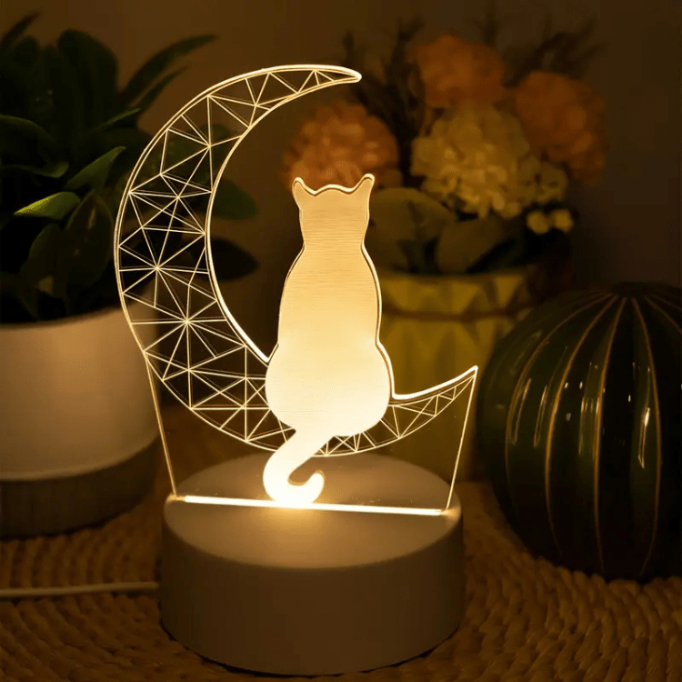 Cat and Crescent Moon LED Night Light with Acrylic Panel
